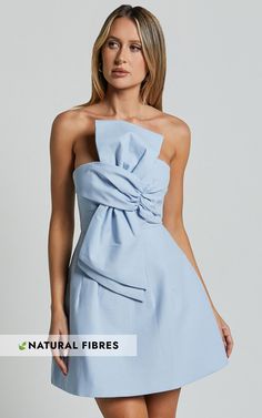 Chika Mini Dress - Linen Look Strapless Front Bow Dress in Pale Blue Derby Mini Dress, Out Of The Box Outfits, Mini Classy Dress, Sisterhood Round Recruitment Outfit, Semi Formal Dresses For Wedding Guest, Navy Hoco Dress, Bridal Shower Dress For Guest, Blue Dresses Short, Front Bow Dress