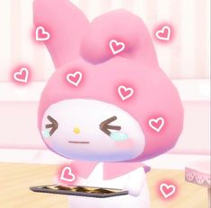 an animal crossing game character holding a tray with hearts on it's face and looking at the camera