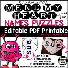 a pink and black poster with the words, name puzzles for valentine's day