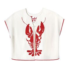 a white shirt with red lobsters on the front and bottom, along with a zippered closure