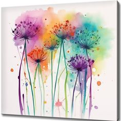 an abstract painting with watercolor paint and dandelions