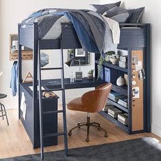 a loft bed with desk and chair in the corner next to an open bookcase