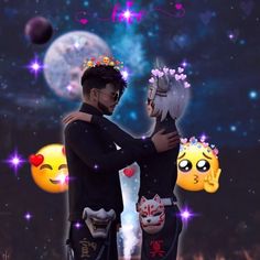 two people standing next to each other in front of a night sky with emoticions