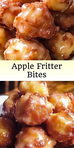 apple fritter bites are stacked on top of each other with caramel glaze