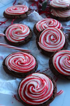 chocolate cookies with white and red swirled icing