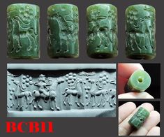 four different pictures of green jade beads with images of horses and people on them, including an ancient carving