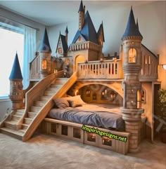 a castle bed with stairs leading up to the top floor and below it is a staircase