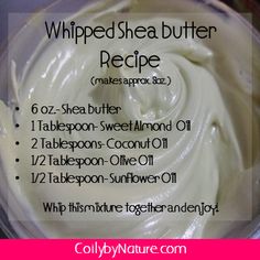 Whipped Shea Butter Recipe, Natural Hair Recipes, Butter Recipes Homemade, Shea Butter Recipes, Homemade Body Butter