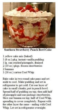 the recipe for southern strawberry punch bowl cake is shown in an image above it's description