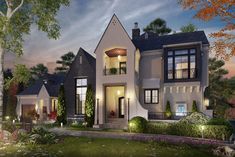 an artist's rendering of a two story house in the evening with lights on