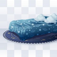 a blue cake with white stars and clouds on it