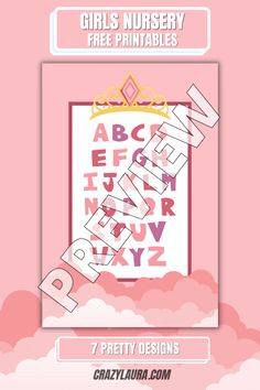 a pink and white poster with the letter e on it's side, surrounded by clouds