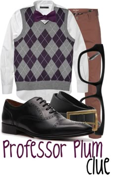 an image of a man's outfit and shoes with the words professor plum clue on it