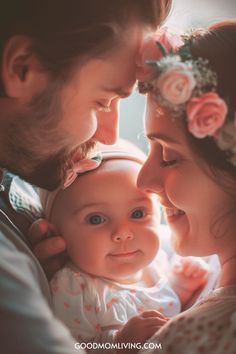 A joyful family portrait featuring a smiling baby nestled between a mother and father, capturing a moment of love and connection with soft lighting and floral accents. Unique Girl Middle Names, Two Syllable Girl Names, Nickname List, Names For Characters, Girl Middle Names, Middle Name Ideas, Last Names For Characters, Sweet Baby Girl Names, Girl Names List