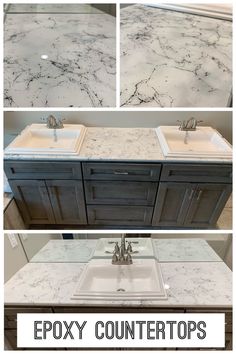 four different views of the same bathroom counter top, with text overlay that reads epoxy countertops