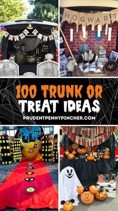 halloween decorations and treats are featured in this collage with the words, 100 truck or treat ideas