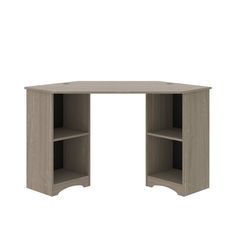 a corner desk with two shelves on each side