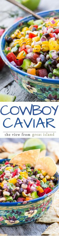 the cover of cowboy caviar is shown with tortilla chips and salsa