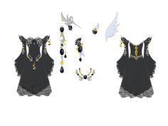 an image of two dresses with necklaces and wings hanging from the back, one in black