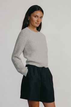 The comfiest pullover, inspired by the fit and ease of a favorite shrunken vintage sweatshirt. Woven in a super soft blend of Alpaca and sustainably grown Organic Pima Cotton in a waffle knit with a slight stretch. Raglan stitch shoulder seaming, ribbed cuffs, neckline and hem. Knit Pullover, Vintage Sweatshirt, Waffle Knit, Pima Cotton, Knitted Pullover, Alpaca, Heather Grey, My Style, Sweatshirts