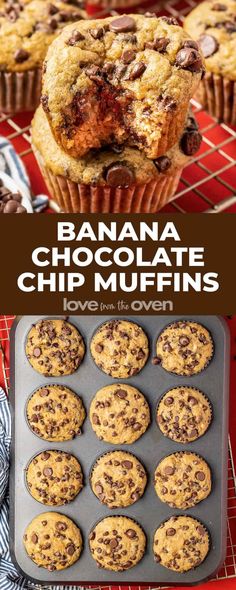 banana chocolate chip muffins in a muffin pan and on a cooling rack