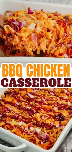 bbq chicken casserole in a white baking dish