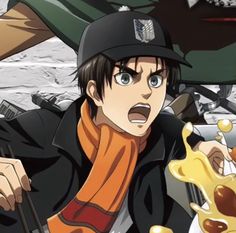 an anime character holding a knife and fork in front of a plate with food on it