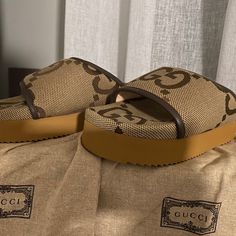 Worn Only 2 Times, Jumbo Gg Gucci Platform Slides. Minor Scuffs On Rubber Sole. Original Box, Dust Bags And Authentication Cards. Gucci Platform Slides, Gucci Platform, Shoes Gucci, Platform Slides, Gucci Shoes, Tan Brown, Women's Shoes Sandals, Rubber Sole, Shoes Sandals