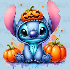 a cartoon character sitting next to pumpkins on top of a blue background with watercolor splash