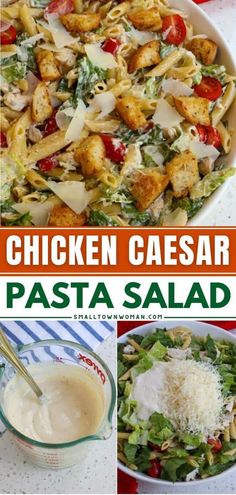 chicken caesar pasta salad with cheese, tomatoes and lettuce