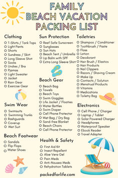 the beach vacation packing list is shown