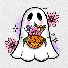 a ghost holding a pumpkin with flowers on it