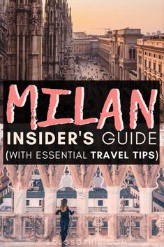 a woman standing in front of an old building with the words, melan insider's guide with essential travel tips