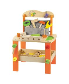 a child's wooden chair with construction tools on the table and matching pegs