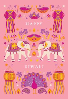 happy diwali card with two elephants in pink and purple colors, surrounded by decorative elements