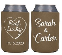 two brown can coolers with white lettering on them