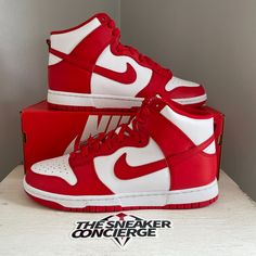 Nike Shoes Red And White, Red Nike High Tops, Jordans Red And White, Red Shoes Jordans, Quince Shoes Sneakers Red, Quinceanera Shoes Sneakers Red, Red Nike Jordans, Red And White Nike Shoes, Dunks Shoes High Top