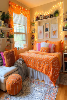 Warm and inviting dorm room with orange and pink bedding and decor. Pink Orange Bedroom Decor, Orange And Blue Dorm Room, Pink And Orange Bedroom Ideas, Orange Room Bedroom, Orange Pink Bedroom, Pink Dorm Bedding, Orange And Blue Room, Pink Orange Room, Pink And Orange Room Decor