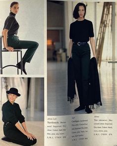 three pictures of women in black clothing, one wearing a hat and the other with fringes