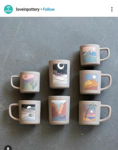 six coffee mugs with designs on them sitting next to each other in front of a gray background