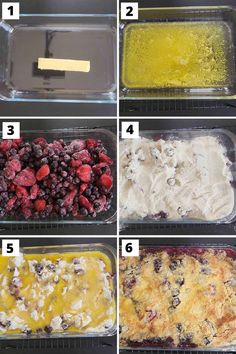 six images showing different stages of making an ice cream sundae with raspberries and blueberries