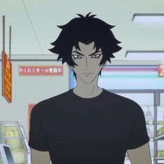 an anime character standing in front of a counter