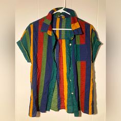 This Top Is New Never Worn. Multicolored Stripes Emery Rose Short Sleeve Button Up Shirt. Funky Button Up Shirts, Colorblock Clothing, Colorful Button Up Shirt, Button Ups, Color Blocking Outfits, Neon Outfits, Shirts For Teens, Short Sleeve Button Up, Short Sleeve Button