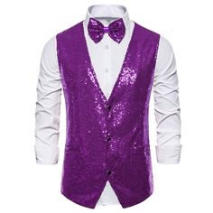 Sleeveless V-neck, and full sequin design, make you eye-catching in the crowd. The classic single-breasted party suit vest and slim tailoring perfectly show your charm. This sequined vest matches a bow tie, trousers, a shirt, and a blazer to create a bright and handsome appearance. Suitable for multiple occasions, nightclubs, performance costumes, birthday parties, hip-hop, music festivals, Christmas, role-playing, etc. Fitted Vest For Costume Party In Winter, Fitted Vest For Winter Costume Party, Fitted Winter Vest For Costume Party, Elegant Winter Party Vest, Fitted Vest For Party Season, Fitted Party Vest For Party Season, Winter Party Fitted Vest, Fitted Sequin Vest For Spring, Sequined Fitted Vest For Spring