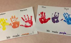 two children's handprints on paper with words that read max and jojo