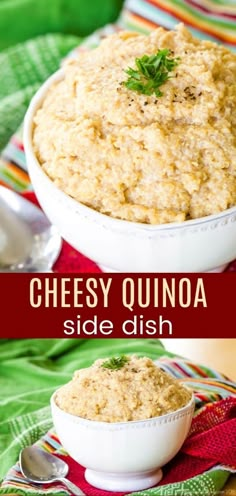 a bowl filled with cheese quinoa on top of a red and green table cloth