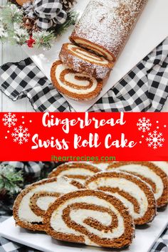 gingerbread swiss roll cake on a white plate