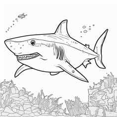 a shark swimming in the ocean with an underwater scene coloring page for adults and children