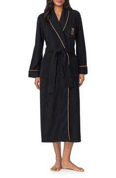 Lauren Ralph Lauren Crest Embroidered Robe | Nordstrom Crest Embroidery, Embroidered Robe, Embroidered Robes, Hotel Lounge, Five Star Hotel, Star Hotel, Shawl Collar, Tie Belt, Lauren Ralph Lauren