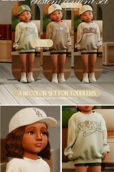 the doll is wearing a baseball cap and sweater with letters on it, as well as pictures